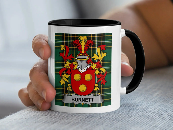 Burnett Irish family crest 11oz ceramic accent mug with black handle