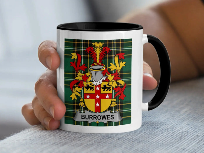 Burrowes Irish family crest 11oz ceramic accent mug with black handle