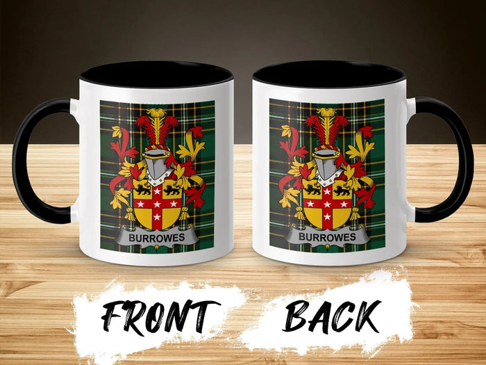Burrowes Irish family crest mug showing front and reverse design