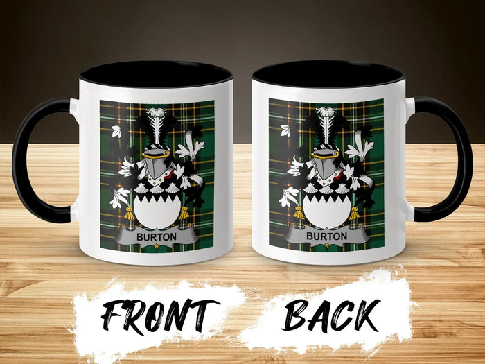 Burton Irish family crest mug showing front and reverse design