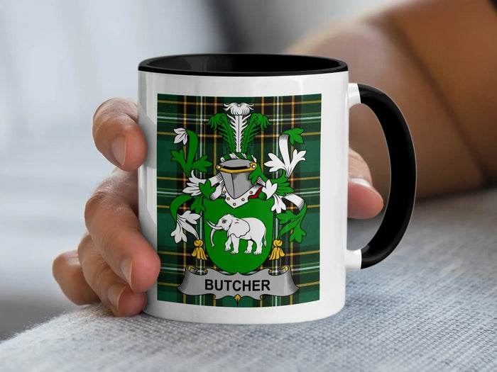 Butcher Irish family crest 11oz ceramic accent mug with black handle