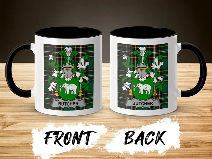 Butcher Irish family crest mug showing front and reverse design