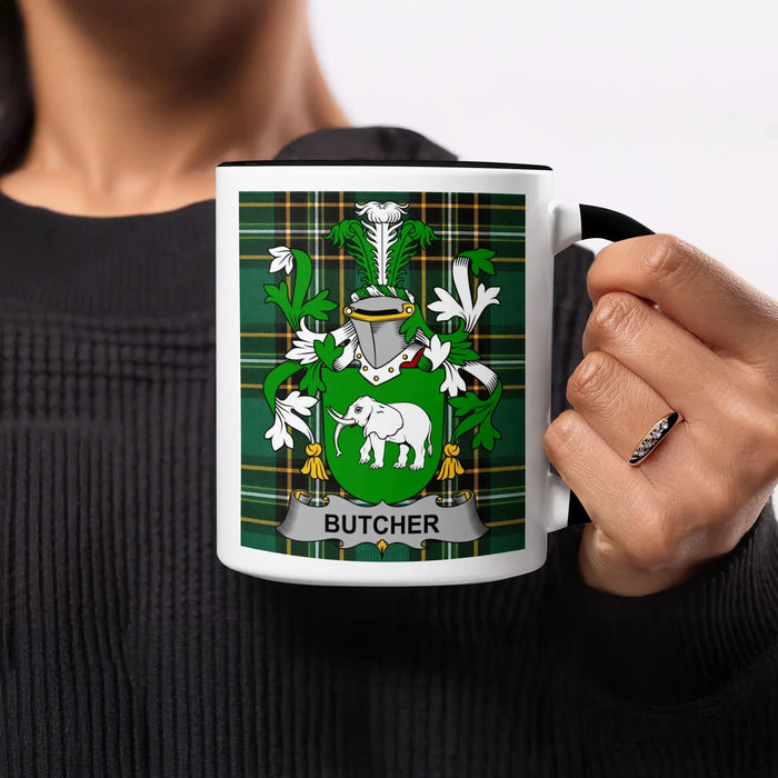 Butcher family crest mug on Irish National Tartan