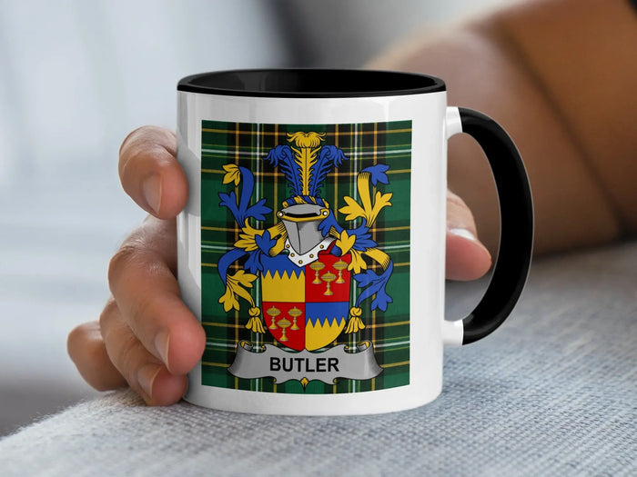 Butler Irish family crest 11oz ceramic accent mug with black handle
