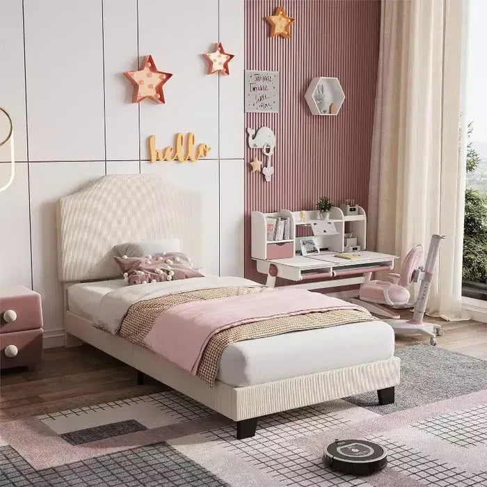 Acekool Kids Twin Bed Frame with Corduroy Headboard, Velvet Upholstered Platform, Slat Support, No Box Spring Needed, Easy Assembly
