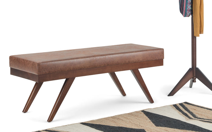 Distressed Saddle Brown Distressed Vegan Leather | Chanelle Mid Century Ottoman Bench