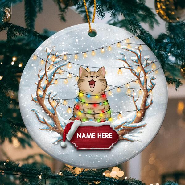 Christmas Cat Snowy String Lights Circle Ceramic Ornament, Personalized Cat Lovers Decorative Christmas Ornament