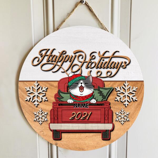 Christmas Door Decorations, Gifts For Cat Lovers, Happy Holiday Cat On Red Truck Welcome Door Sign , Cat Mom Gifts