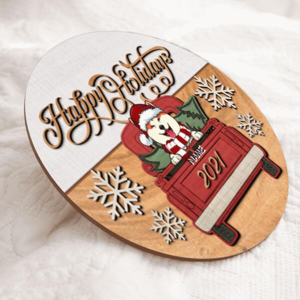 Christmas Door Decorations, Gifts For Dog Lovers, Happy Holiday Dogs On Red Truck Welcome Door Sign , Dog Mom Gifts