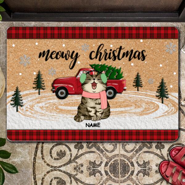 Christmas Personalized Doormat, Gifts For Cat Lovers, Meowy Christmas Red Truck & Christmas Tree Outdoor Door Mat