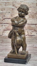 Classical Bronze Sculpture of Child with Duck Signed V. Novak on Marble Base