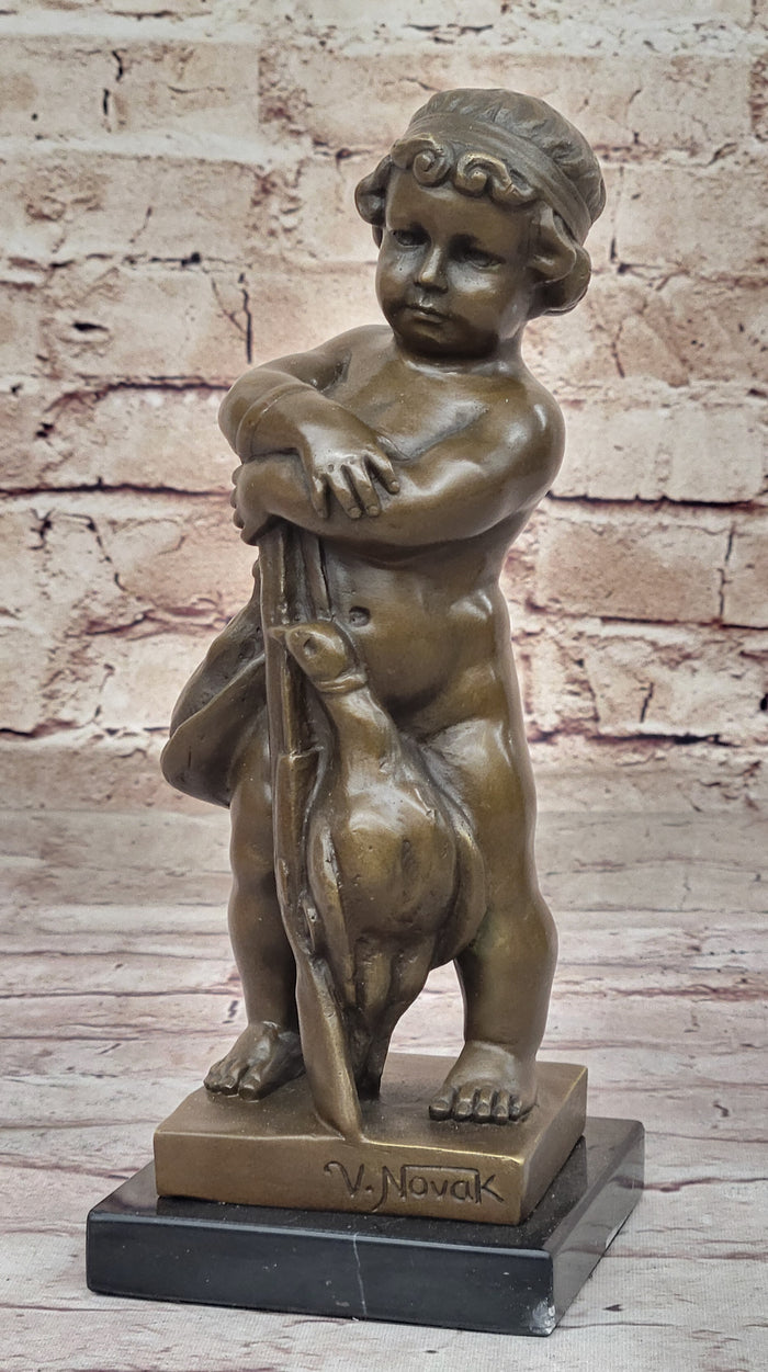 Classical Bronze Sculpture of Child with Duck Signed V. Novak on Marble Base