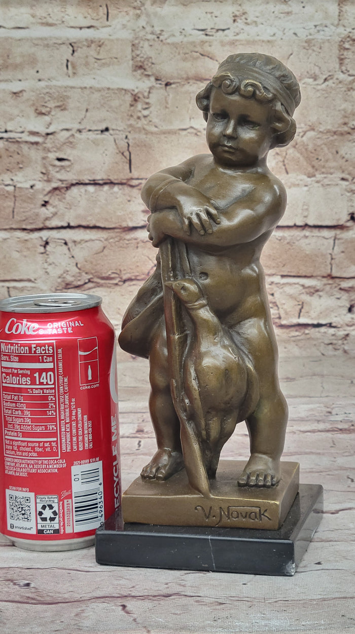 Classical Bronze Sculpture of Child with Duck Signed V. Novak on Marble Base