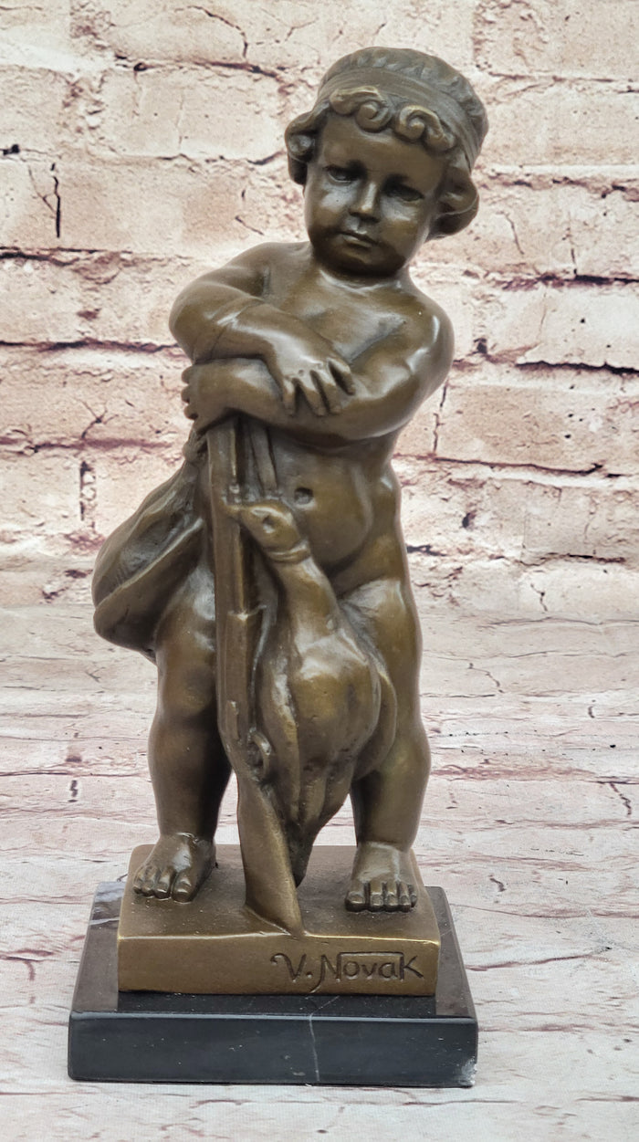 Classical Bronze Sculpture of Child with Duck Signed V. Novak on Marble Base