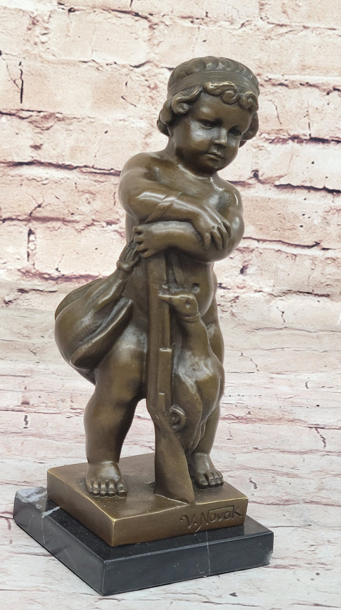 Classical Bronze Sculpture of Child with Duck Signed V. Novak on Marble Base
