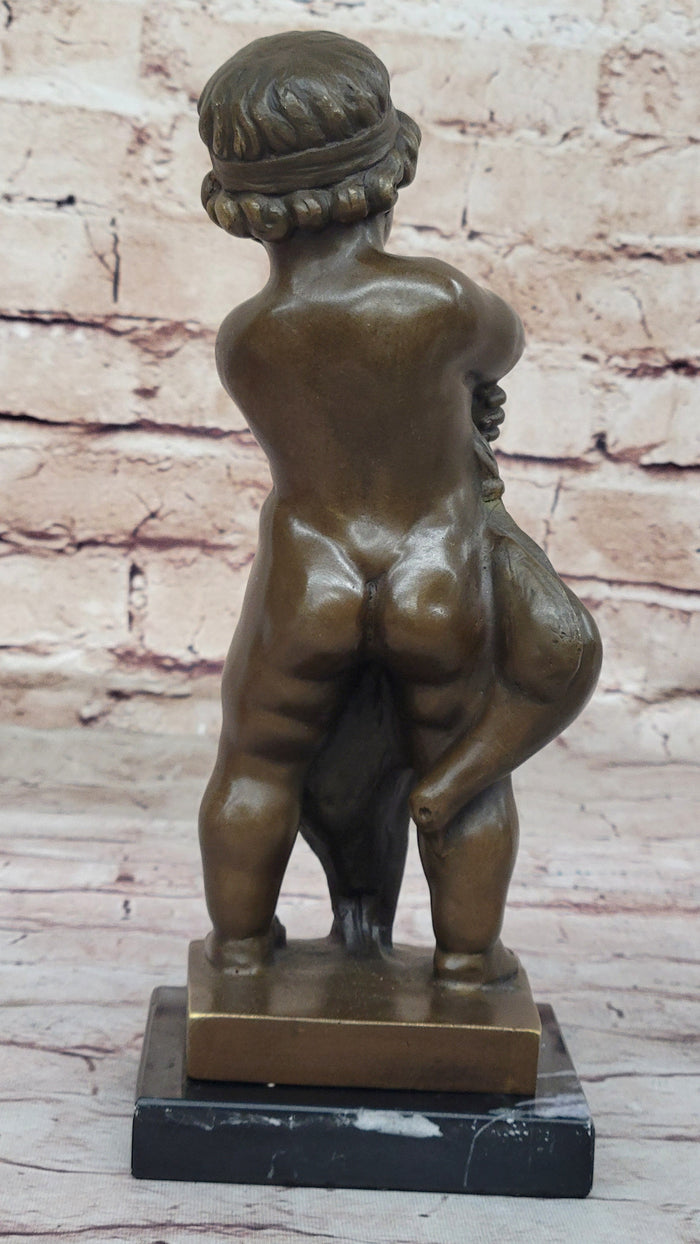 Classical Bronze Sculpture of Child with Duck Signed V. Novak on Marble Base
