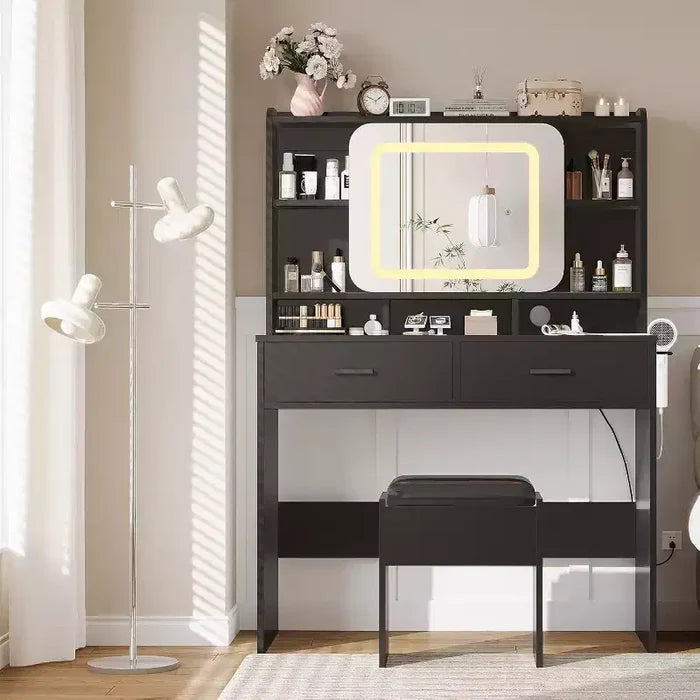 COZONY Vanity Desk with Lighted Mirror and Stool, Sliding Makeup Table with Storage Shelves and Drawers