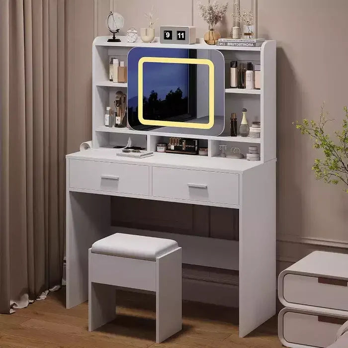 COZONY Vanity Desk with Lighted Mirror and Stool, Sliding Makeup Table with Storage Shelves and Drawers