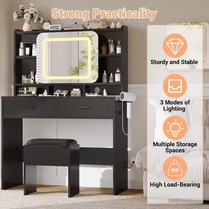 COZONY Vanity Desk with Lighted Mirror and Stool, Sliding Makeup Table with Storage Shelves and Drawers