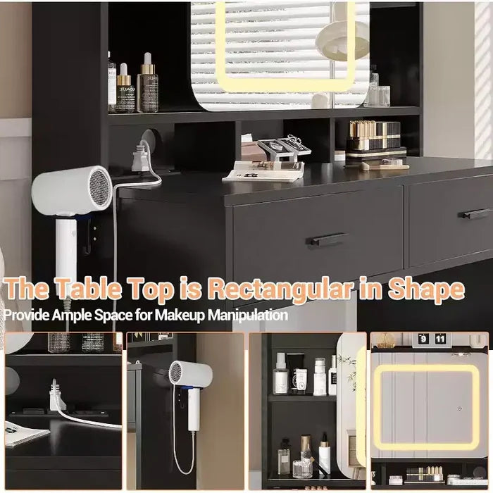 COZONY Vanity Desk with Lighted Mirror and Stool, Sliding Makeup Table with Storage Shelves and Drawers