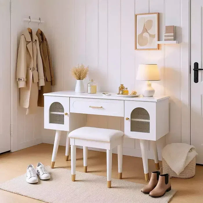 Homy Casa Vanity Table with Stool and Storage Cabinets for Bedroom or Dressing Room, White