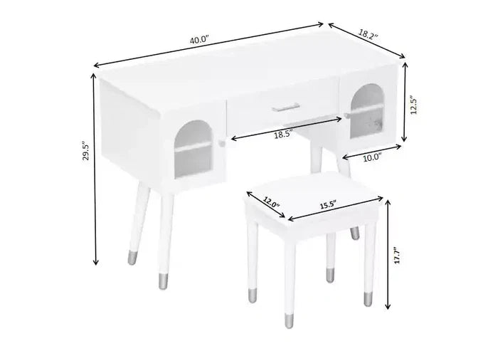 Homy Casa Vanity Table with Stool and Storage Cabinets for Bedroom or Dressing Room, White