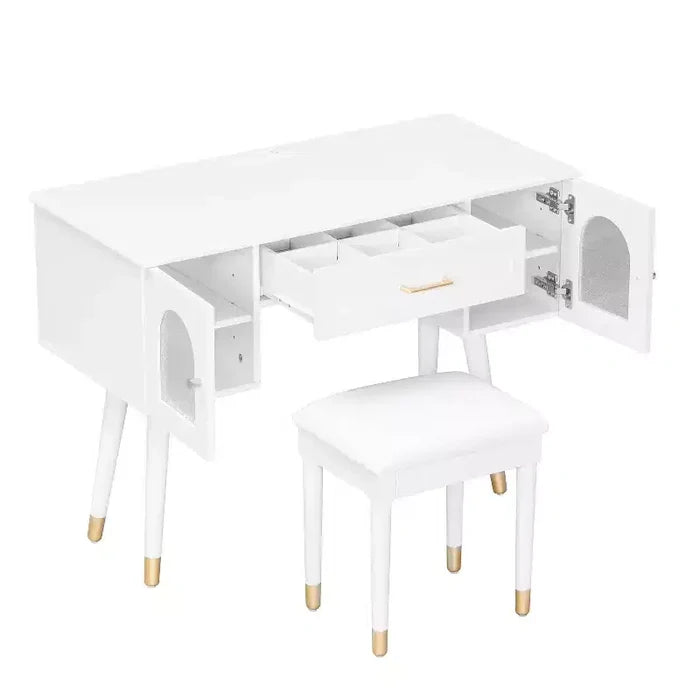 Homy Casa Vanity Table with Stool and Storage Cabinets for Bedroom or Dressing Room, White