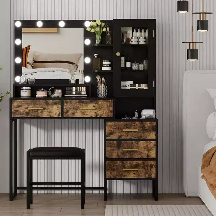 COZONY Makeup Vanity with Upholstered Stool, Vanity Desk with Mirror and Lights, Vanity Table Set with Jewelry Storage, 5 Drawers and Shelves