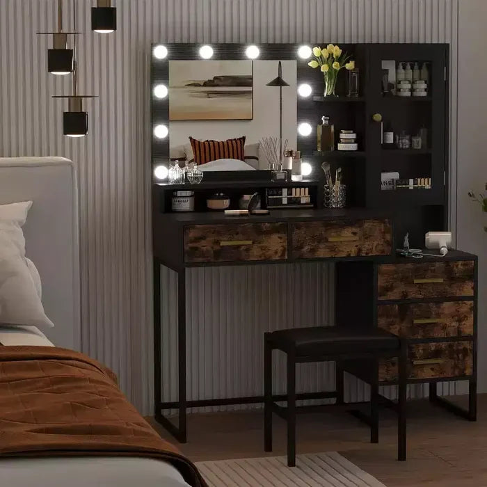 COZONY Makeup Vanity with Upholstered Stool, Vanity Desk with Mirror and Lights, Vanity Table Set with Jewelry Storage, 5 Drawers and Shelves