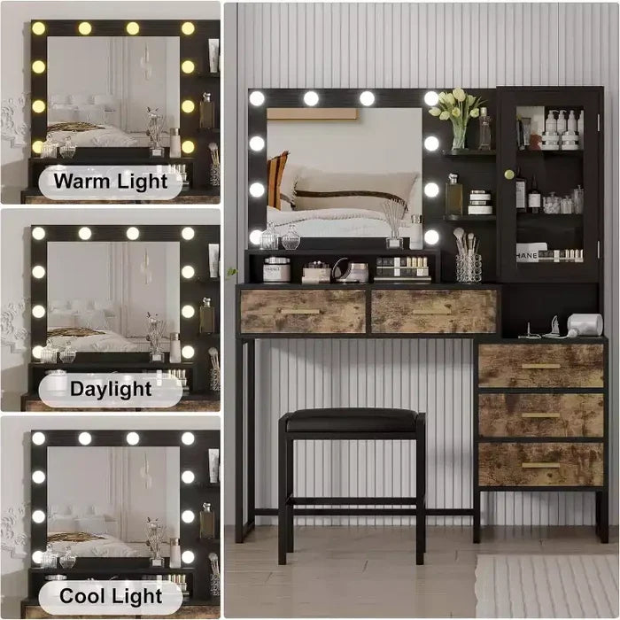 COZONY Makeup Vanity with Upholstered Stool, Vanity Desk with Mirror and Lights, Vanity Table Set with Jewelry Storage, 5 Drawers and Shelves