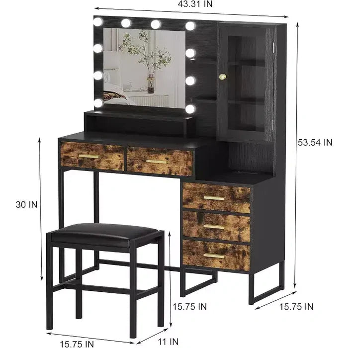 COZONY Makeup Vanity with Upholstered Stool, Vanity Desk with Mirror and Lights, Vanity Table Set with Jewelry Storage, 5 Drawers and Shelves