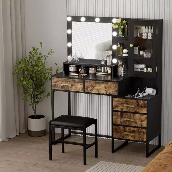 COZONY Makeup Vanity with Upholstered Stool, Vanity Desk with Mirror and Lights, Vanity Table Set with Jewelry Storage, 5 Drawers and Shelves