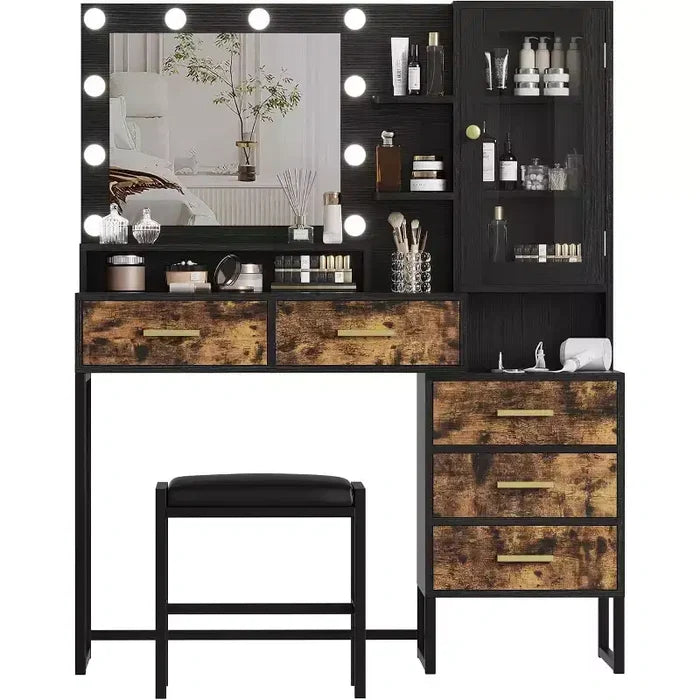 COZONY Makeup Vanity with Upholstered Stool, Vanity Desk with Mirror and Lights, Vanity Table Set with Jewelry Storage, 5 Drawers and Shelves