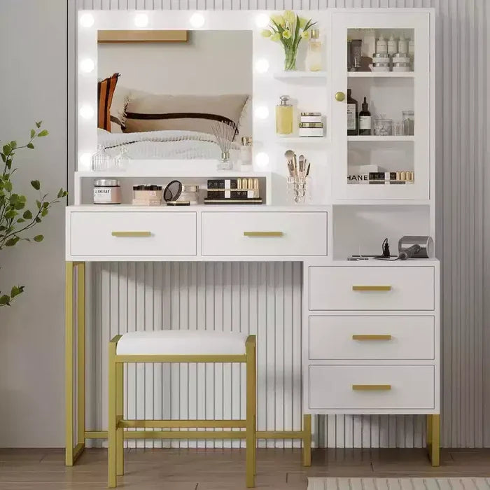 COZONY Makeup Vanity with Upholstered Stool, Vanity Desk with Mirror and Lights, Vanity Table Set with Jewelry Storage, 5 Drawers and Shelves