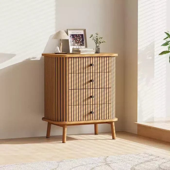 COZONY 4 Drawer Dresser, Boho Wicker Chest of Drawers with Matte Black Handles and Wood Legs for Bedroom, Living Room, Hallway