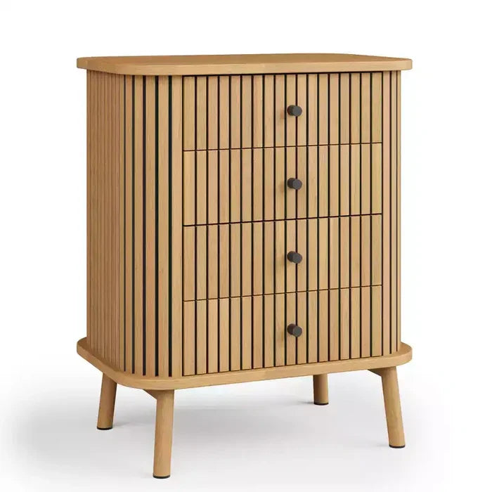 COZONY 4 Drawer Dresser, Boho Wicker Chest of Drawers with Matte Black Handles and Wood Legs for Bedroom, Living Room, Hallway