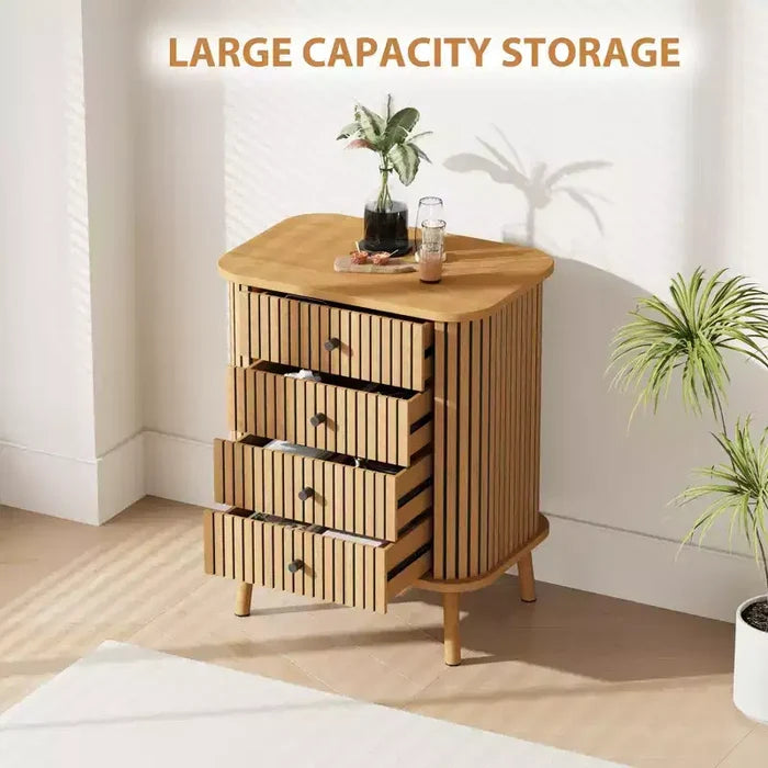 COZONY 4 Drawer Dresser, Boho Wicker Chest of Drawers with Matte Black Handles and Wood Legs for Bedroom, Living Room, Hallway