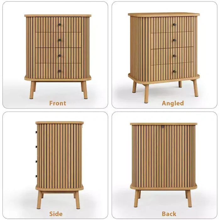 COZONY 4 Drawer Dresser, Boho Wicker Chest of Drawers with Matte Black Handles and Wood Legs for Bedroom, Living Room, Hallway