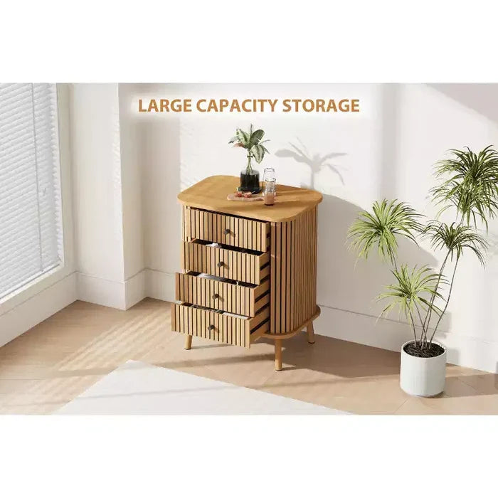 COZONY 4 Drawer Dresser, Boho Wicker Chest of Drawers with Matte Black Handles and Wood Legs for Bedroom, Living Room, Hallway