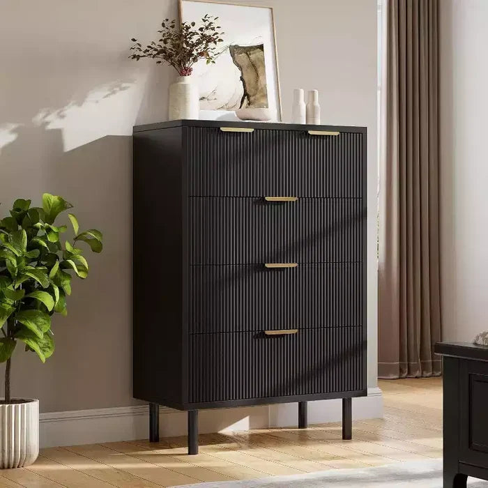 Acekool Wave Fluted 5-Drawer Dresser, 38 Tall Chest with Anti-Tip, Wide 4-Tier Nightstand for Bedroom, Hallway, Entryway, Black