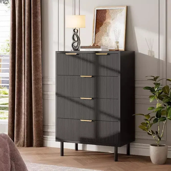 Acekool Wave Fluted 5-Drawer Dresser, 38 Tall Chest with Anti-Tip, Wide 4-Tier Nightstand for Bedroom, Hallway, Entryway, Black