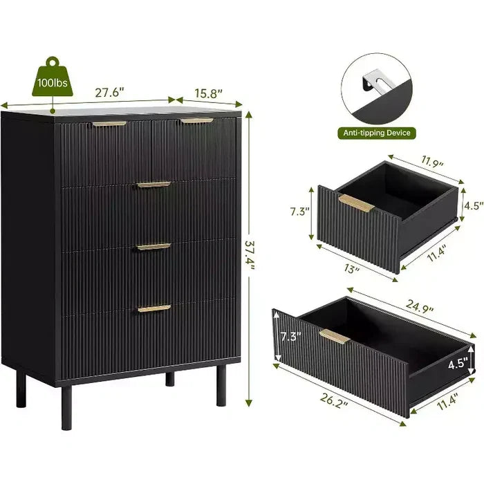 Acekool Wave Fluted 5-Drawer Dresser, 38 Tall Chest with Anti-Tip, Wide 4-Tier Nightstand for Bedroom, Hallway, Entryway, Black