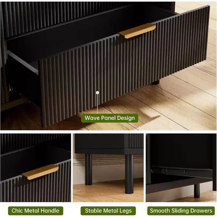 Acekool Wave Fluted 5-Drawer Dresser, 38 Tall Chest with Anti-Tip, Wide 4-Tier Nightstand for Bedroom, Hallway, Entryway, Black