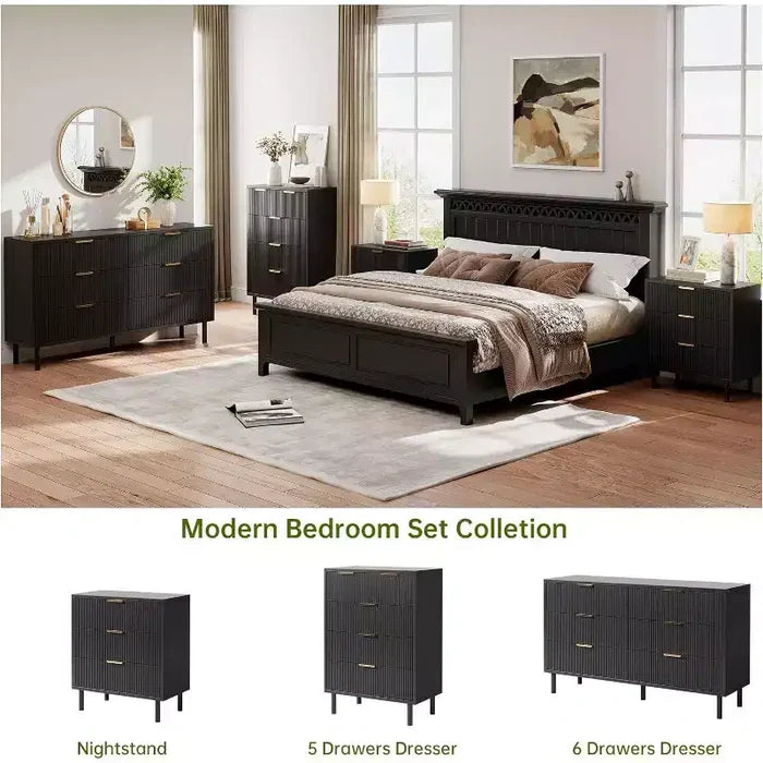 Acekool Wave Fluted 5-Drawer Dresser, 38 Tall Chest with Anti-Tip, Wide 4-Tier Nightstand for Bedroom, Hallway, Entryway, Black