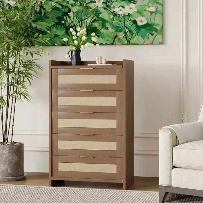 5 Drawer Dresser for Bedroom, Rattan Wood Chest of Drawers with Gold Handles, 45H Closet Dresser, Storage Dresser Organizer for Hallway