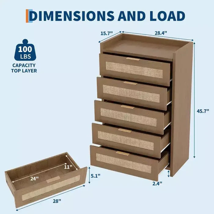 5 Drawer Dresser for Bedroom, Rattan Wood Chest of Drawers with Gold Handles, 45H Closet Dresser, Storage Dresser Organizer for Hallway