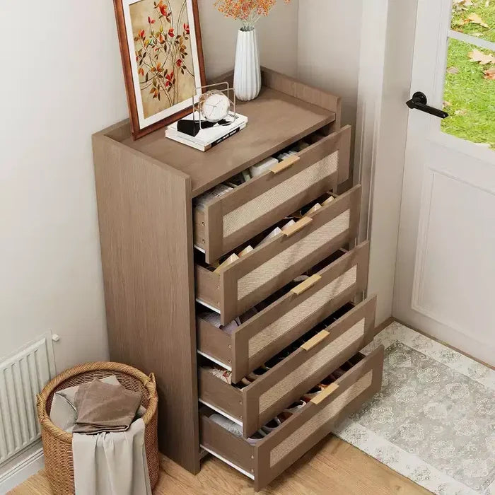 5 Drawer Dresser for Bedroom, Rattan Wood Chest of Drawers with Gold Handles, 45H Closet Dresser, Storage Dresser Organizer for Hallway
