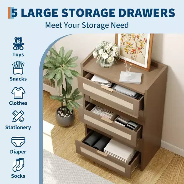 5 Drawer Dresser for Bedroom, Rattan Wood Chest of Drawers with Gold Handles, 45H Closet Dresser, Storage Dresser Organizer for Hallway