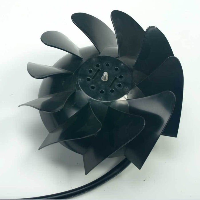 Complete Fan Assembly YN028 with multiple black curved blades and central mounting hub isolated on white background