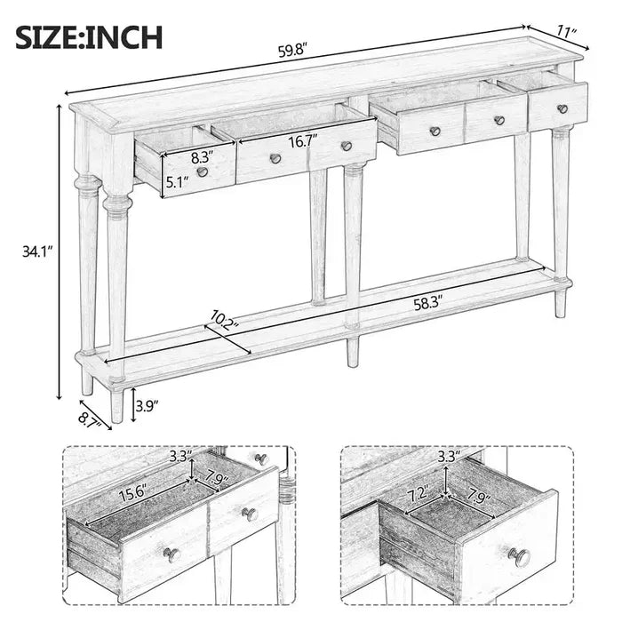 Luxystar Retro Console Table with 4 Drawers, Open Shelf for Entryway and Living Room, Grey Wash